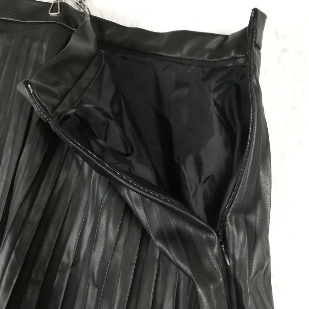 Bagatelle Womens Skirt Pleated Faux Vegan Leather Black Midi‎ Side Zip Lined S